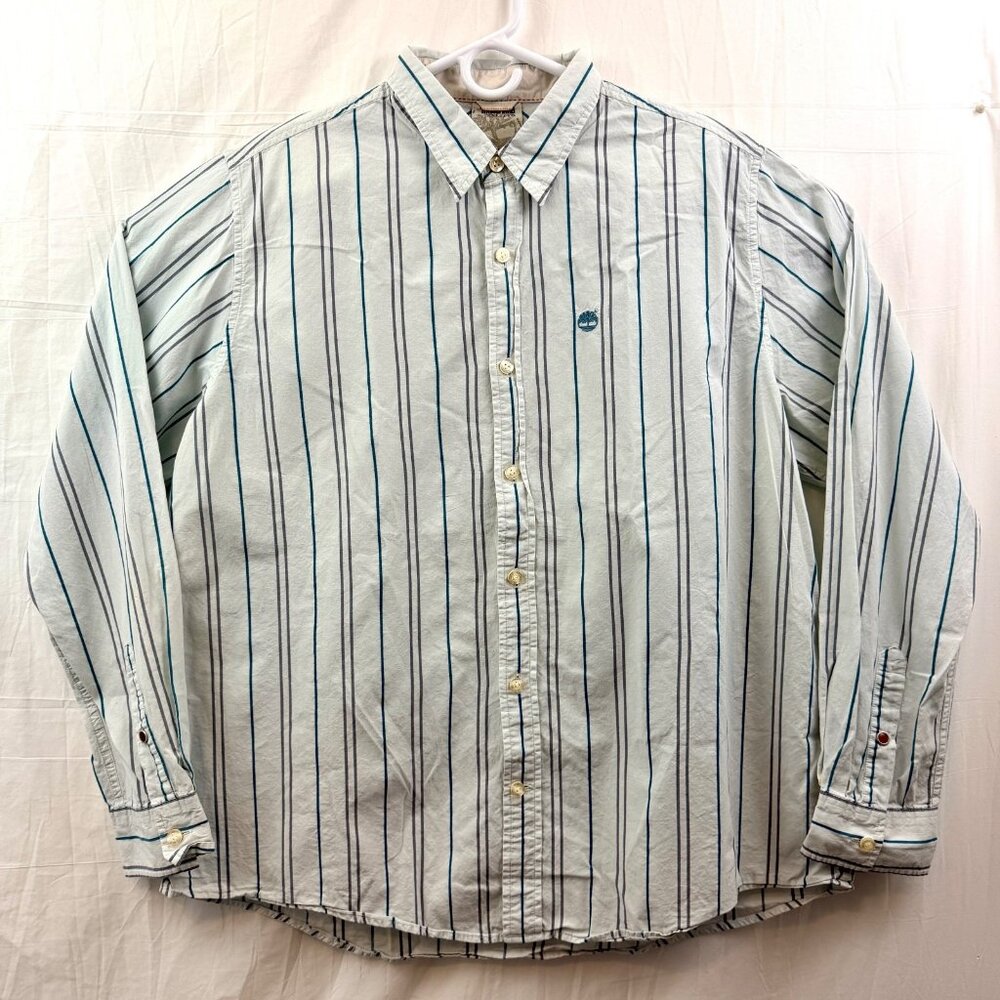 Timberland Long Sleeve Button Down Shirt Men 2XL White Blue Gray Striped